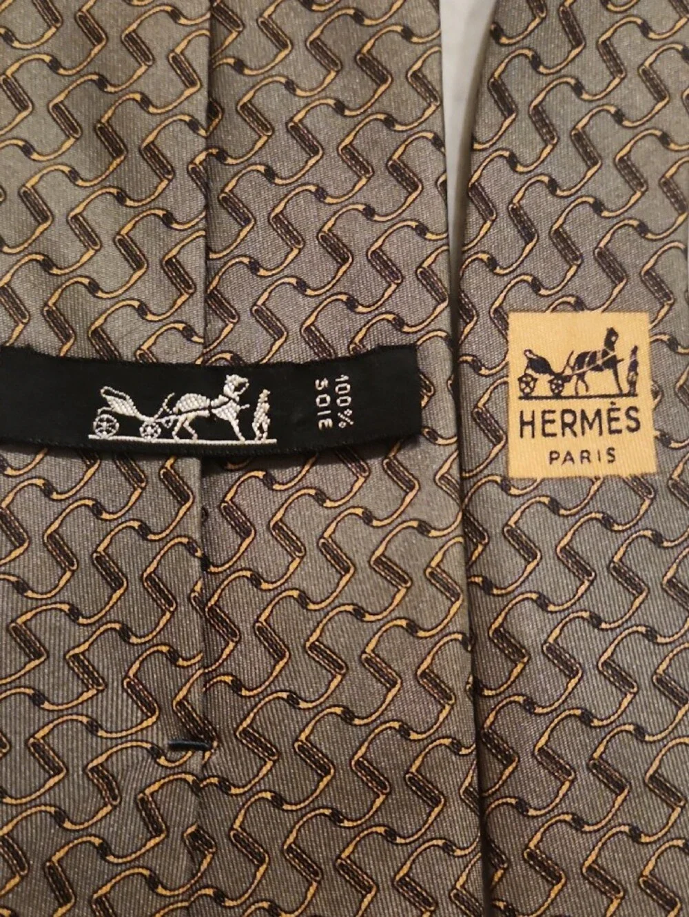Hermes Paris Men's Brown Patterned 100% Silk Tie
